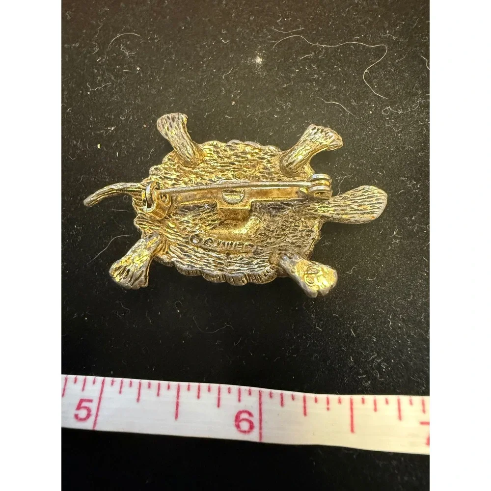 Vintage‎ Gerrys Turtle Brooch Two Tone Gold Silver Textured Red Eye Figural Pin